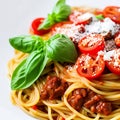 Italian pasta with bolognese sauce and basil.Spaghetti with sauce and tomatoes.Generative AI technology. Royalty Free Stock Photo