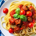 Italian pasta with bolognese sauce and basil.Spaghetti with sauce and tomatoes.Generative AI technology. Royalty Free Stock Photo