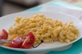 Italian pasta Cavatappi with cheese and cherry tomatoes. close up