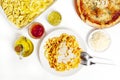 Italian pasta and a cheese pizza Royalty Free Stock Photo
