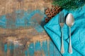 Italian pasta Christmas dinner concept with blue napkin and christmas decoration Royalty Free Stock Photo