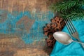 Italian pasta Christmas dinner concept with blue napkin and christmas decoration Royalty Free Stock Photo