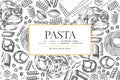 Italian pasta design template. Hand drawn vector food illustration. Engraved style. Vintage pasta different kinds background Royalty Free Stock Photo