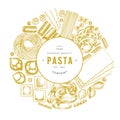 Italian pasta design template. Hand drawn vector food illustration. Engraved style. Vintage pasta different kinds background Royalty Free Stock Photo