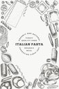 Italian pasta design template. Hand drawn vector food illustration. Engraved style. Vintage pasta different kinds background Royalty Free Stock Photo