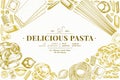Italian pasta design template. Hand drawn vector food illustration. Engraved style. Vintage pasta different kinds background Royalty Free Stock Photo