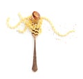 Italian pasta design. A vintage style fork with long fusilli, a fried mushroom, and pepper on a white background