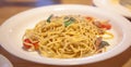 Italian Pasta Dish, Delicious Spaghetti Carbonara with ingredients of spaghetti, bacon, garlic, Parmesan cheese and eggs.