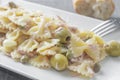 An italian pasta dish farfalle type topped with tuna capers and olives Royalty Free Stock Photo