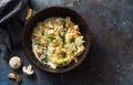 Italian pasta fettuccini with mushrooms, chicken meat, spinach and cream sauce Royalty Free Stock Photo