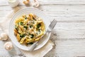 Italian pasta fettuccini with mushrooms, chicken meat, spinach and cream sauce Royalty Free Stock Photo