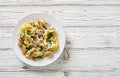 Italian pasta fetuccini with mushrooms, chicken meat, spinach and cream sauce