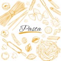 Italian Pasta frame. Different types of pasta. Vector hand drawn illustration. Royalty Free Stock Photo