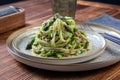 Italian pasta with ham and asparagus sauce and cheese Royalty Free Stock Photo