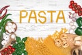 Italian pasta ingredients on white wooden table, top view Royalty Free Stock Photo