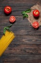 Italian pasta ingredients on white wooden table, top view, copy space Royalty Free Stock Photo