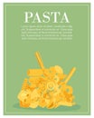 Italian pasta macaroni, spaghetti, gomiti rigati, farfalle and rigatoni, ravioli green poster vector illustration.