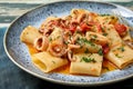 Italian pasta macaroni with squid and tomato sauce Royalty Free Stock Photo