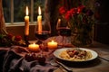 italian pasta meal set for two with red wine and candles Royalty Free Stock Photo