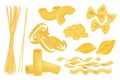 Italian pasta mega set in graphic flat design. Bundle elements of spaghetti, macaroni, noodle, farfalle, conchiglie, fettuccine