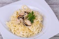 Italian pasta with mussels and cheese Royalty Free Stock Photo