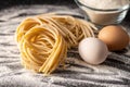 Italian pasta nest. Uncooked spaghetti nest, eggs and flour