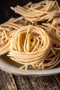 Italian pasta nest. Uncooked spaghetti nest on plate