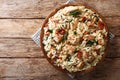 Italian pasta orzo with grilled chicken, dried tomatoes, spinach and cheese close-up. horizontal top view