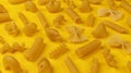 Italian pasta pattern, different pasta types on yellow background, flat lay