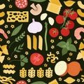 Italian pasta pattern. Gourmet italian cooking ingredients, spaghetti, macaroni, tomato. Restaurant cuisine food print