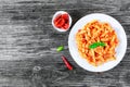 Italian Pasta Penne with Sun-Dried Tomato Pesto, top view Royalty Free Stock Photo