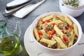 Pasta penne with with tuna, bell pepper, olive oil and capers Royalty Free Stock Photo