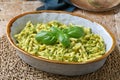 Italian pasta with pesto in ceramic bowl Royalty Free Stock Photo