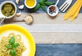 Italian pasta with pesto sauce made with basil leaf Royalty Free Stock Photo