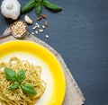 Italian pasta with pesto sauce made with basil leaf Royalty Free Stock Photo