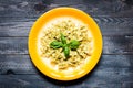 Italian pasta with pesto sauce made with basil leaf Royalty Free Stock Photo