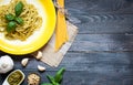 Italian pasta with pesto sauce made with basil leaf Royalty Free Stock Photo