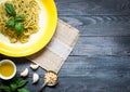 Italian pasta with pesto sauce made with basil leaf Royalty Free Stock Photo