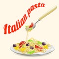 Italian pasta on a plate with a fork