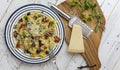 Italian Pasta Plate with Green and Black Olives, Parmesan Chess Royalty Free Stock Photo