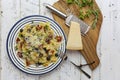 Italian Pasta Plate with Green and Black Olives, Parmesan Chess Royalty Free Stock Photo