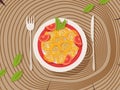 Italian pasta on a plate, vector illustration. Wooden table with texture of tree trunk rings, simple hand drawn style
