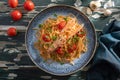 Italian pasta with prawns and fresh tomato