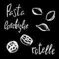 Italian pasta Ruote white chalk vector illustration on black background. Simple food recipe. Restaurant menu course