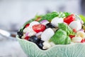 Close up of Italian Pasta Salad with Fresh Tomatoes, Black Olives, Mozzarella Balls, and Basil Royalty Free Stock Photo