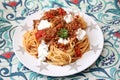 Italian pasta with a sauce of tomatoes Royalty Free Stock Photo