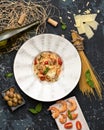 Italian pasta and Seafood. Flat lay. Plate of Spaghetti with shrimp or prawn. Top view. Classic Mediterranean food Royalty Free Stock Photo