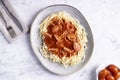 Italian pasta with seafood tomato, top view. Royalty Free Stock Photo