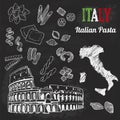 Italian pasta set, collection of Italian architecture, food, map of Italy Royalty Free Stock Photo