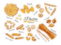 Italian Pasta set. Different types of pasta. Vector hand drawn illustration. objects on white. Colorful. Royalty Free Stock Photo
